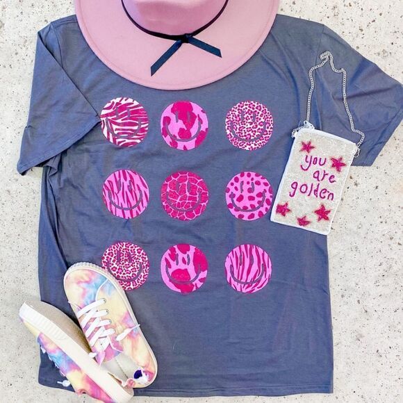 Pink Animal Print Smiley Face T-Shirt - Picture 1 of 3